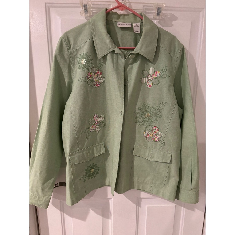 Alfred‎ Dunner Floral Embroidered Button Down Jacket Green Casual Size 18